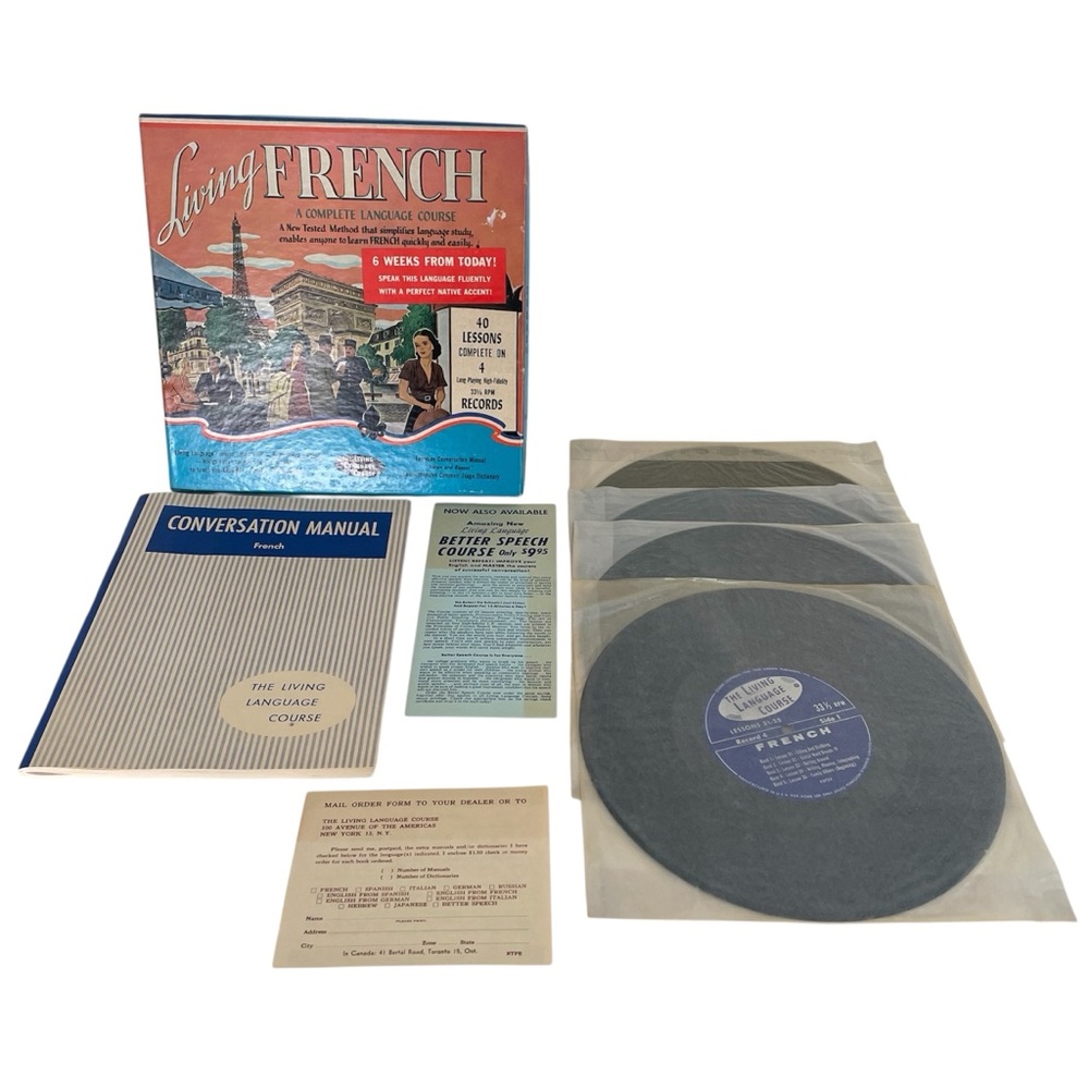 1955 Living French Language 6 Week Course 4 33 1/3 RPM Records Book 40 Lessons